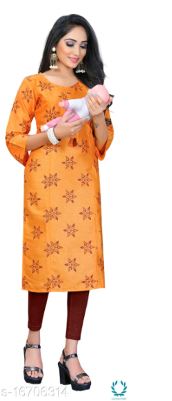 Women Cotton Maternity Applique Mustard Kurti - XXL (Bust Size: 44 in, Size Length: 44 in) 